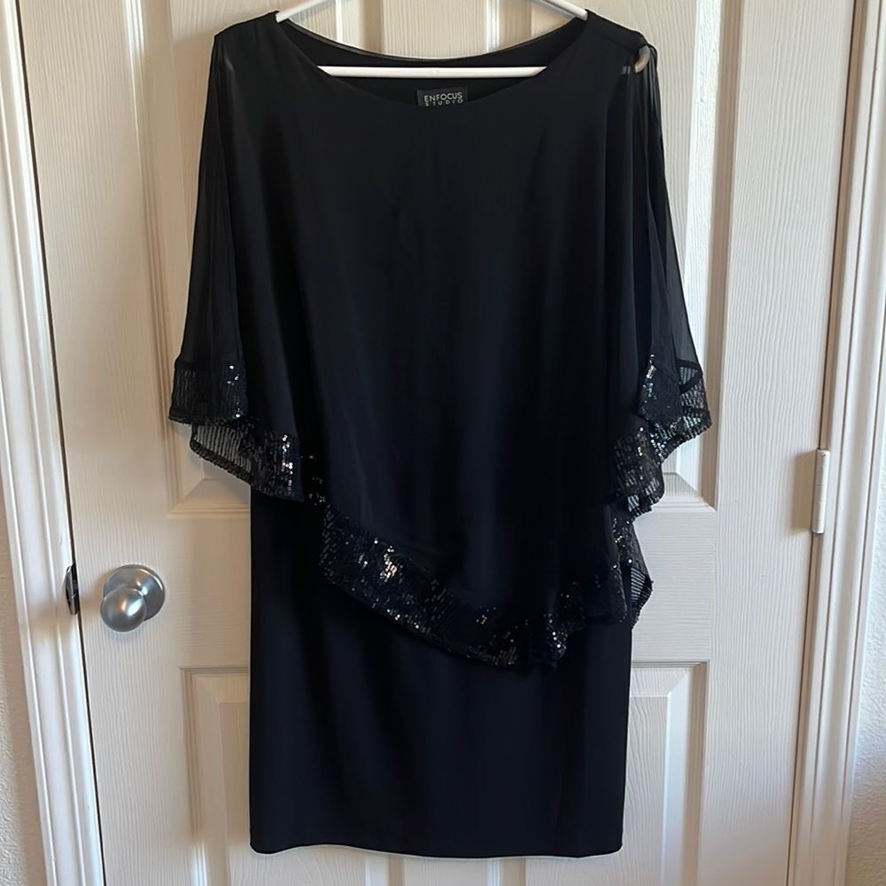 Black Dress with Sheer Sequin Poncho Overlay